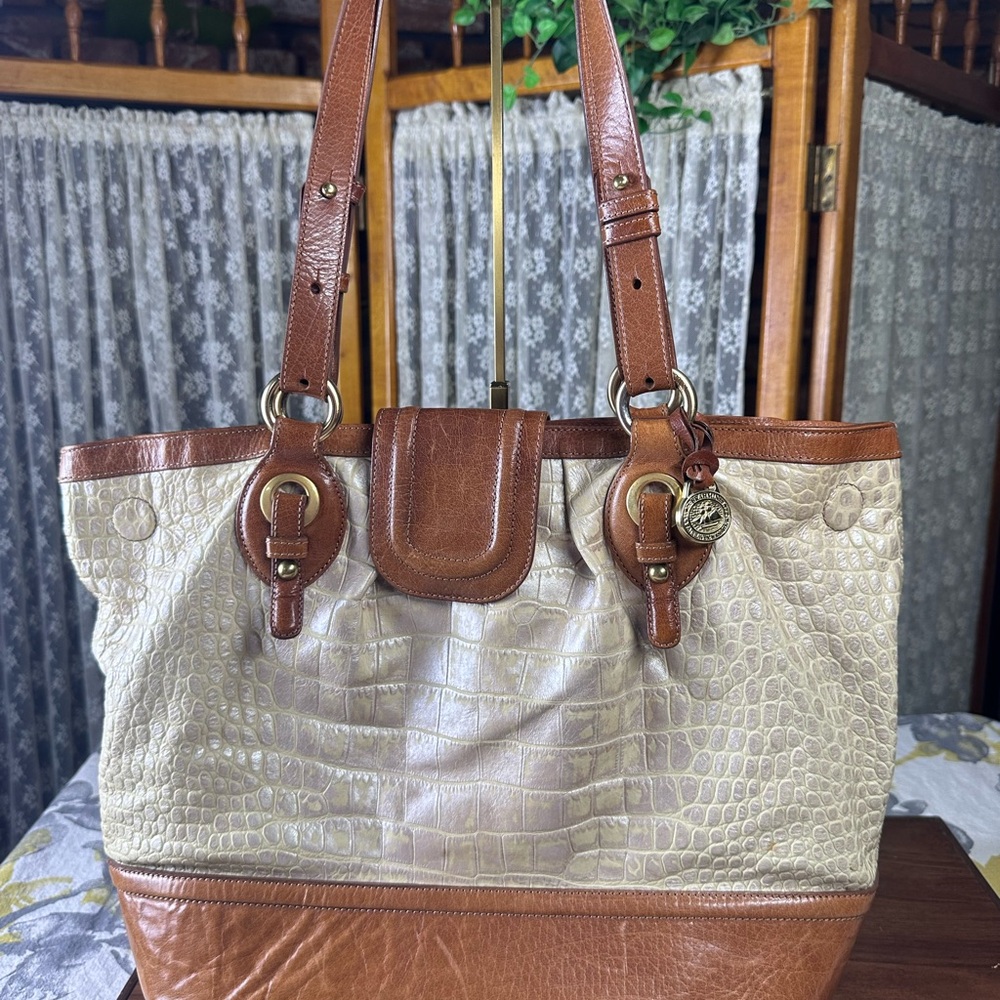 Vintage Brahmin Brown and Iridescent Cream Shoulder Bag with Leather Trim